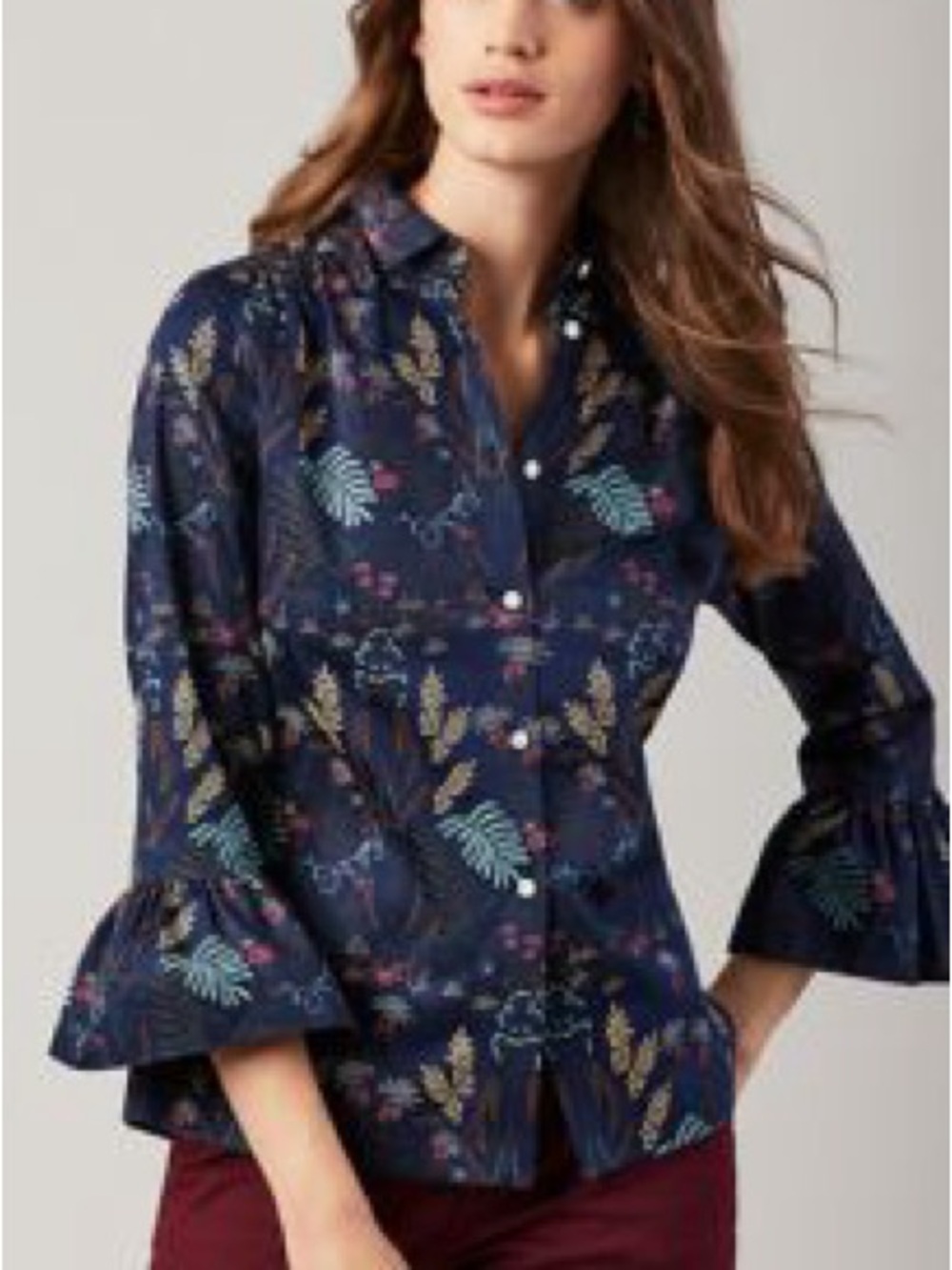 Brooks Brothers Navy Bell Sleeve Floral Button-Down Shirt